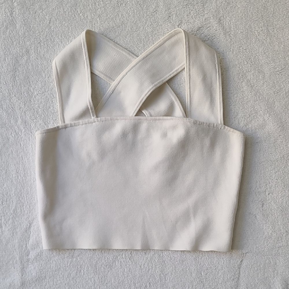 Babaton Aritizia White Cross-Back Crop Top Tank Stretchy Sculpting Small Bridal